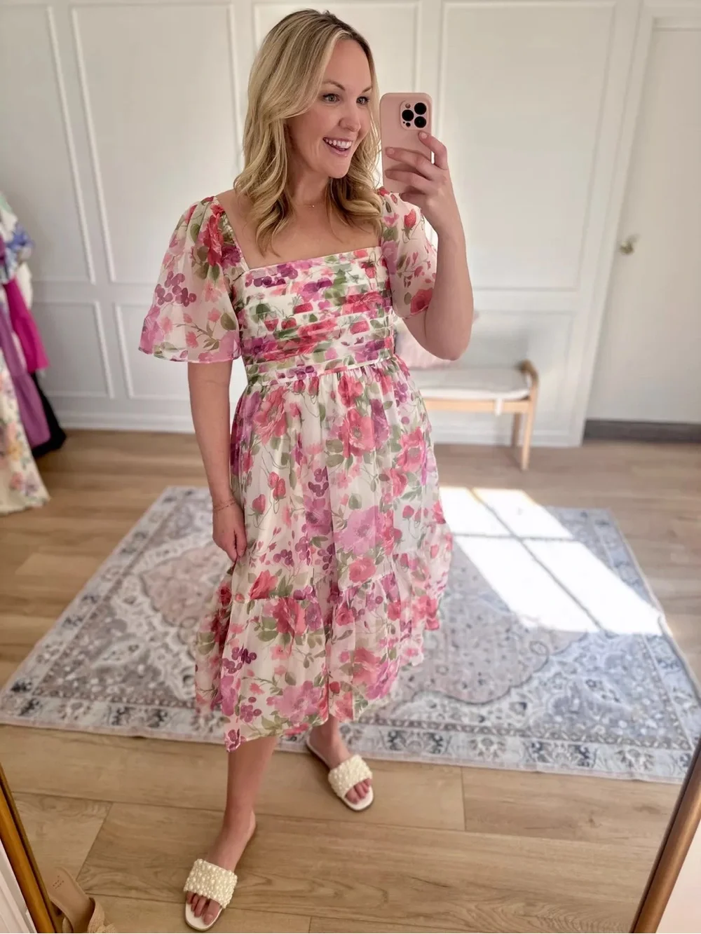 Abercrombie & Fitch Emerson Angel Sleeve Midi Dress Floral Pink Green NEW Small